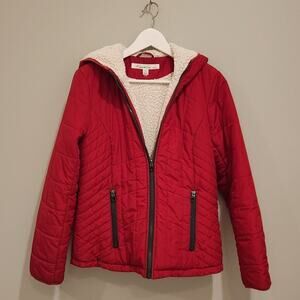 Kenneth Cole New York Puffer Coat Red Fleece Lined Hood Fall Winter - Size S